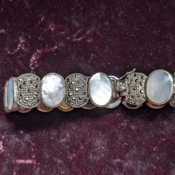 Vintage Sterling Abalone and Marcasite Link Bracelet, Mexican, Smooth, Heavy - Picture 8 of 13